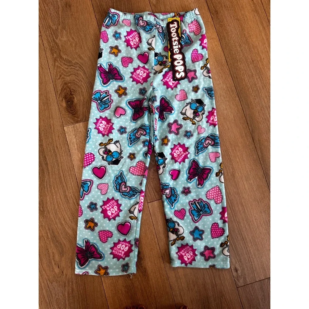 Tootsie Pops Mr Owl Fleece Pajama Pants Kids Size 10/12 Blue Hearts Stars NWT
